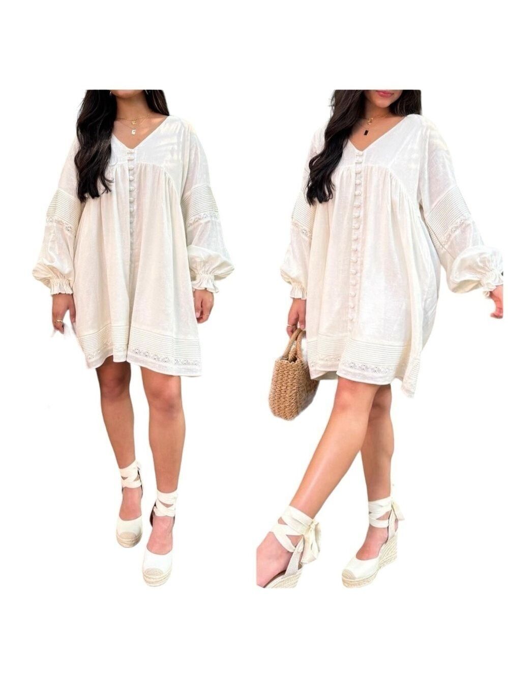 Mable Jocelyn Linen Pintuck Off-white Button Front Relaxed Fit Boho Short Dress